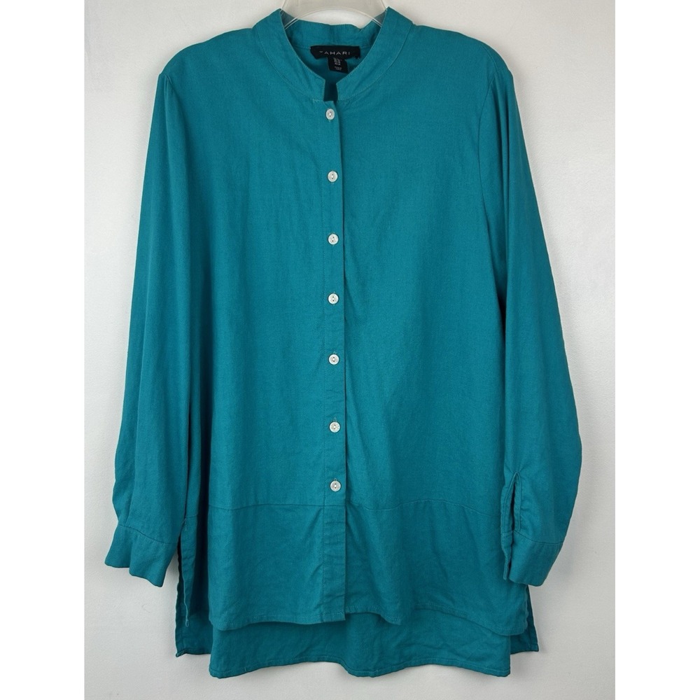 Tahari Linen Shirt Womens M Blue Long Tab Sleeve Button Tunic MIssion Collar